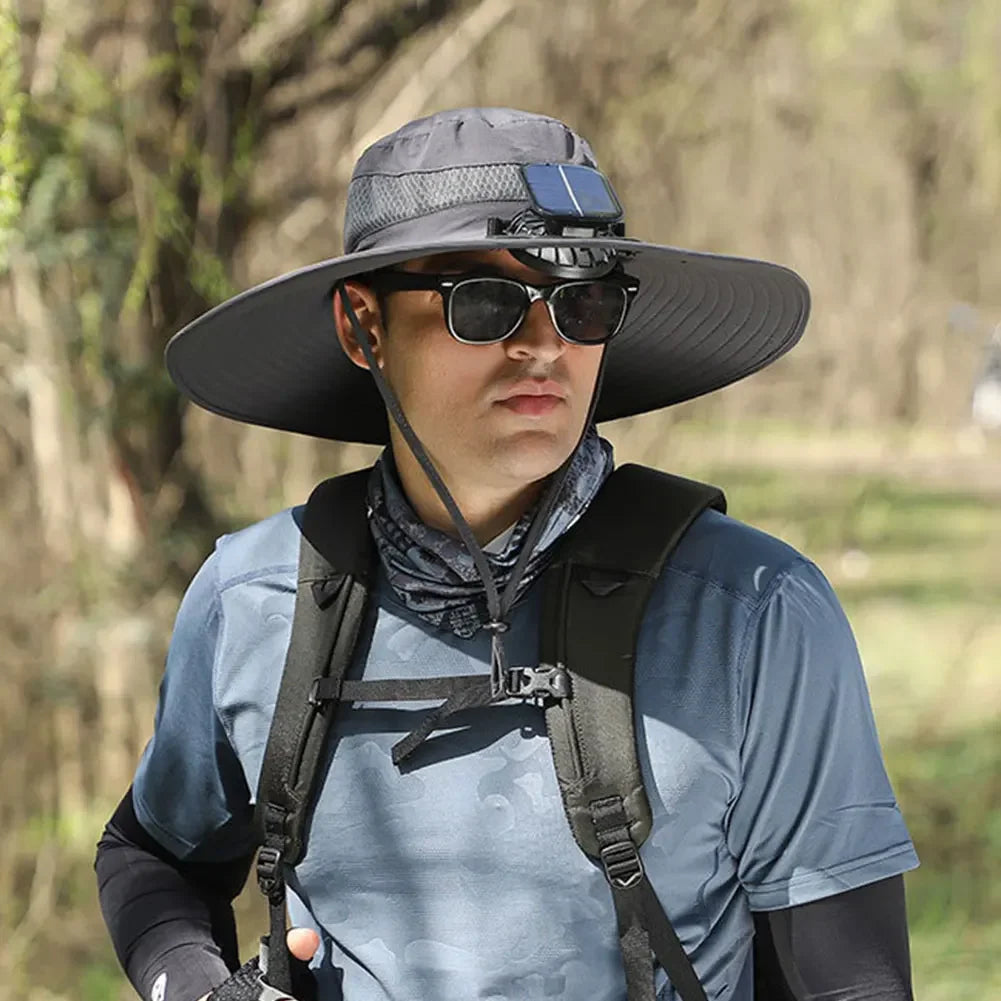 Solar Powered UV Protection Hat – Fan Cooling Wide Brim Cap - Evallys.com