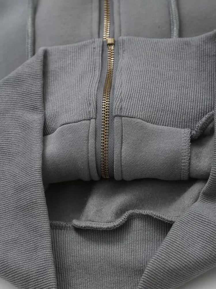 TRAF 2024 Spring Female Casual Hoodies Zipper Coats+Elastic Waist Baggy Pants 2 Pieces Set Elegant Loose Solid Pink Grey Pants - Evallys.com