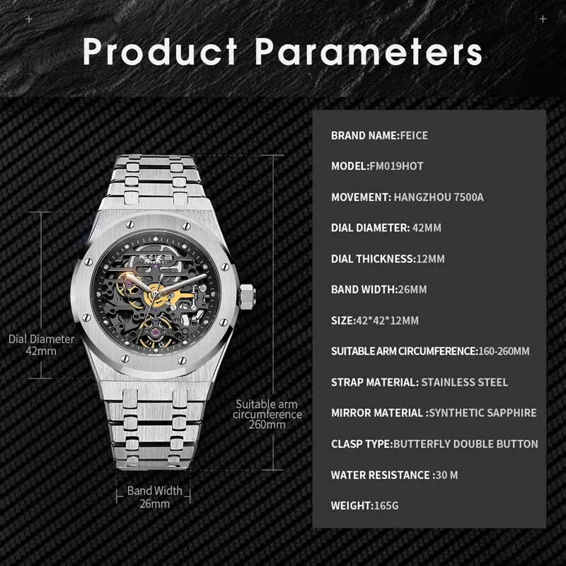 FEICE Automatic Mechanical Luxury Watch Men Stainless Steel Watches Luminous Waterproof Watch for Men Skeleton FM019 - Evallys.com