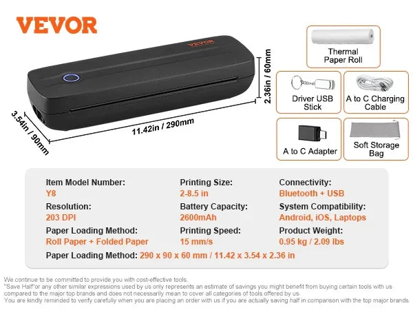 SucceBuy Portable Bluetooth Inkless Mobile Thermal Printer for A4 A5 11-2600mAh Battery Compatible with Mutiple Systems Home - Evallys.com