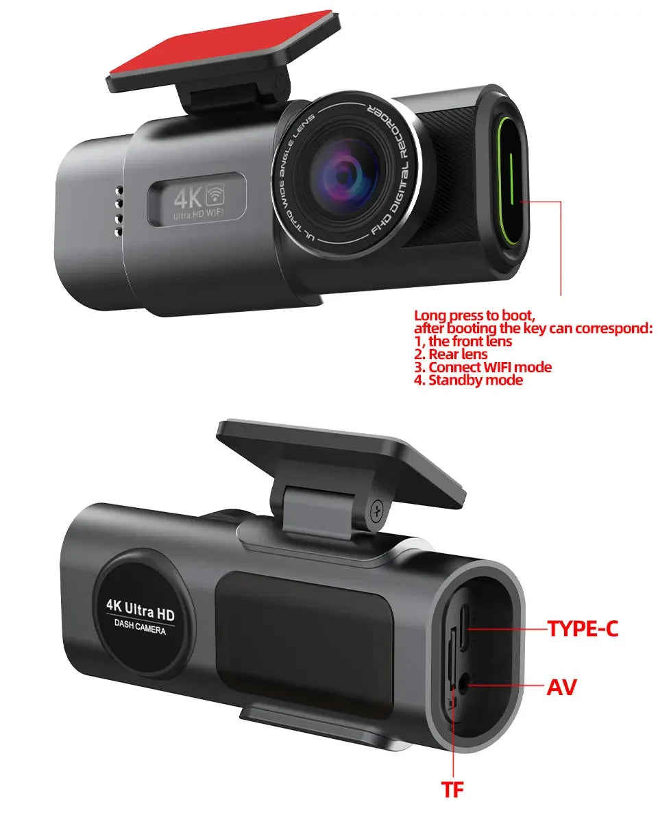 Dash Cam Dual Lens 4K UHD Recording Car Camera DVR Night Vision Video Recorder Built-In Wi-Fi Support GPS 24H Parking - Evallys.com