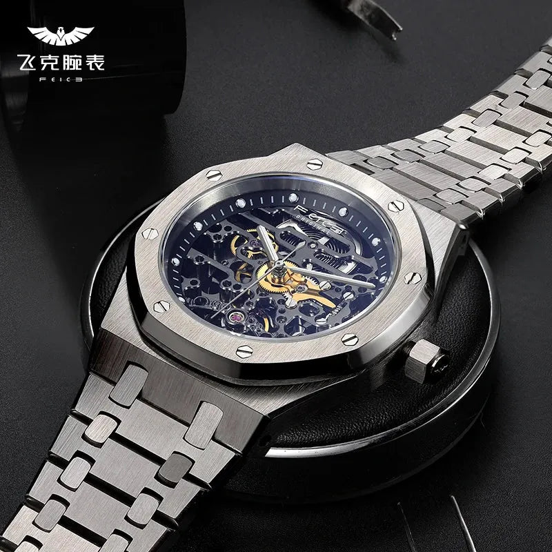 FEICE Automatic Mechanical Luxury Watch Men Stainless Steel Watches Luminous Waterproof Watch for Men Skeleton FM019 - Evallys.com