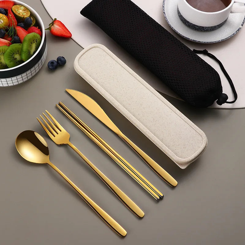 Portable Cutlery Set for Camping & Travel 4pcs Stainless Steel Knife, Fork, Spoon Kit with Storage Box