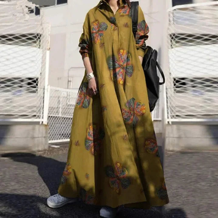 Vintage Cotton Linen Shirt Dress Women’s Autumn Long Maxi Robe - Evallys.com