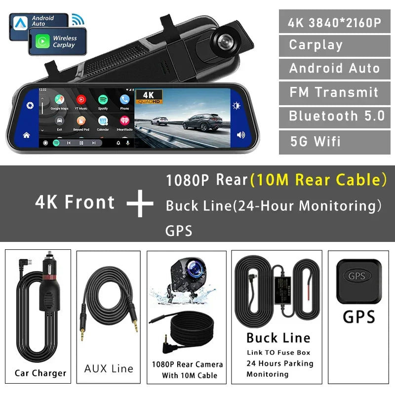10" Dash Cam 4K 3840*2160P Car Dvr Carplay Android Auto GPS 5G WIFI AUX Stream RearView Mirror Dashcam Camera Drive Recorder FM - Evallys.com