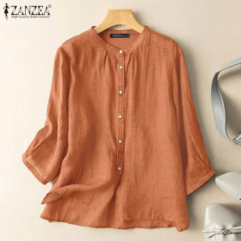 ZANZEA 2025 Spring Summer Blouses Casual Women Shirts Solid Color 3/4 Sleeve Buttons Cotton Linen Blusas Solid Top Casual Tunic - Evallys.com