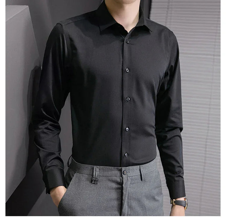 New Plus Size Men Solid Color Business Shirt Fashion Classic Basic Casual Slim White Long Sleeve Shirt Brand Clothes - Evallys.com