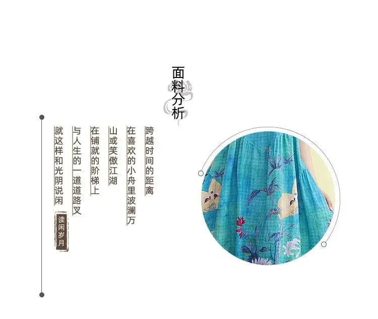 Retro Cotton Linen Dress – Summer Print Loose Long Maxi Dress - Evallys.com
