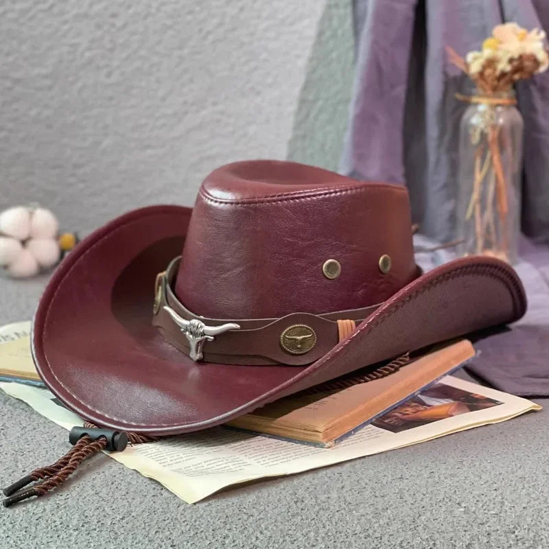 Faux Leather Cowboy Hat – Vintage Unisex Western Jazz Dress Cap - Evallys.com