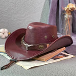 Faux Leather Cowboy Hat – Vintage Unisex Western Jazz Dress Cap - Evallys.com