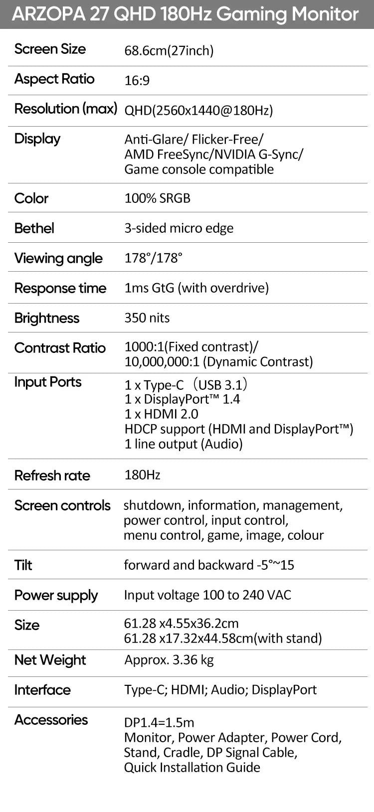 New ARZOPA 27inch 180Hz 2K FastIPS QHD PC Monitor 1ms FreeSync Gaming monitor,M1RC - Evallys.com