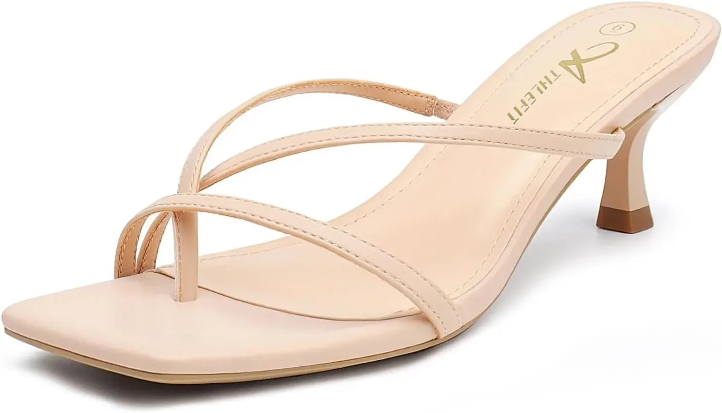 Women's Strappy Kitten Heels Flip Flops Square Open Toe Low Heels Fashion Party Dress Thong Heeled Sandals - Evallys.com