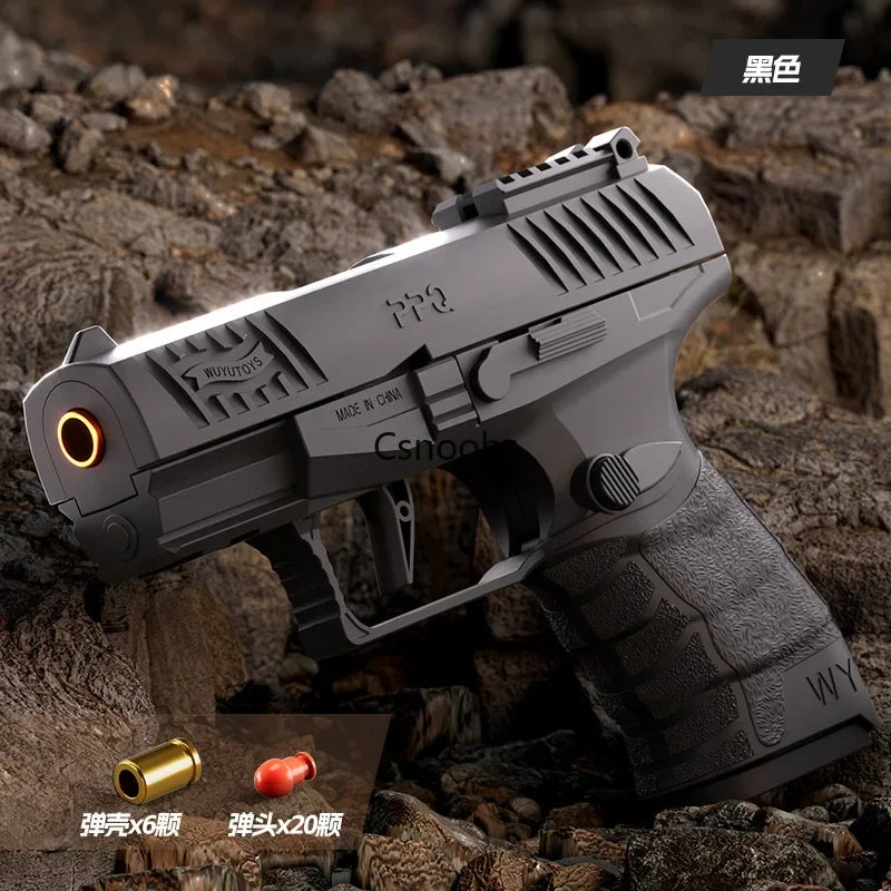 Small Black Toy Gun Mini PPQ Continuous Firing Shell Throwing Gun Model Soft Bullet Launcher BlowBack Airsoft Pistol for Kids - Evallys.com