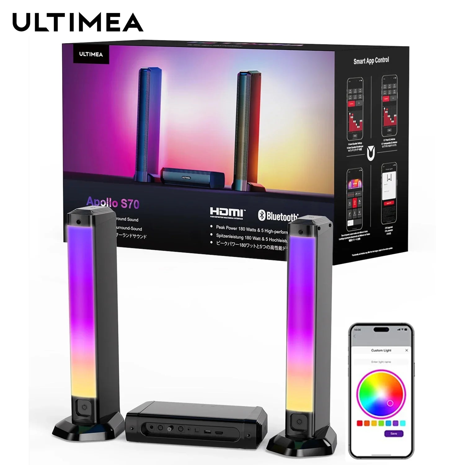 ULTIMEA 180W 5.0 Sound Bar for tv, PC SoundBar with RGB for Home Theater, Detachable Soundbar with App Control, HDMI-ARC/Opt/AUX - Evallys.com