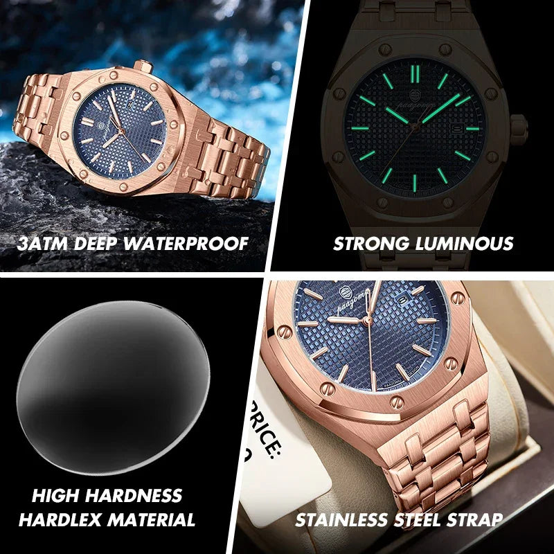 PENGAGAR Square Luxury Men Wristwatch Waterproof Luminous Date Stainless Steel Male Clock Business Sports Quartz Watches For Men - Evallys.com