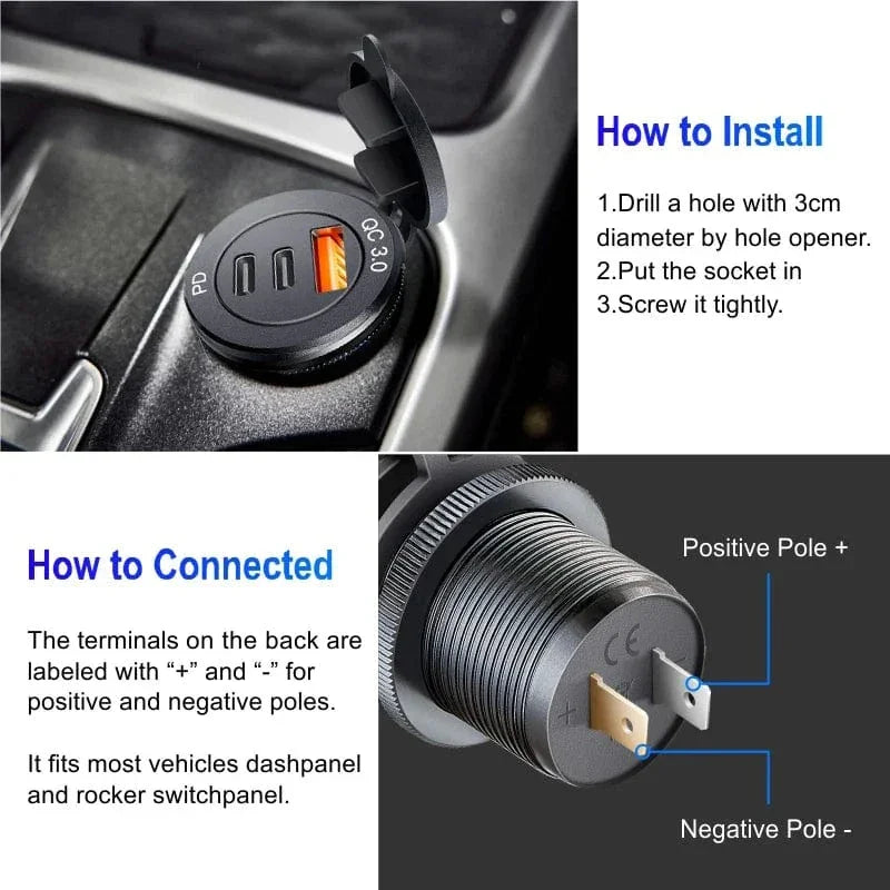 USB C Car Charger Socket DC Super Fast Charging QC3.0 & PD for 12V/24V Car Marine ATV type c port socket for Audi q5 a8 a1 a3 4 - Evallys.com