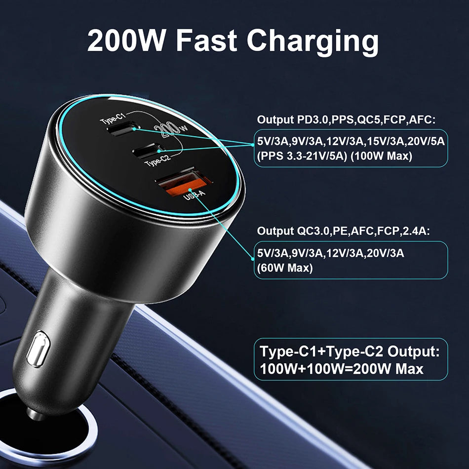 UHOMEBUY 200W Car Charger USB Type C Fast Charger 100W 65W 45W 20W PPS PD QC3.0 Quick Charger for Laptop iPhone 15 Samsung S23