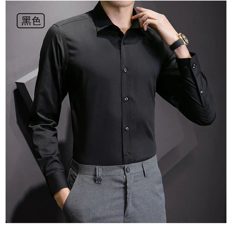 New Plus Size Men Solid Color Business Shirt Fashion Classic Basic Casual Slim White Long Sleeve Shirt Brand Clothes - Evallys.com