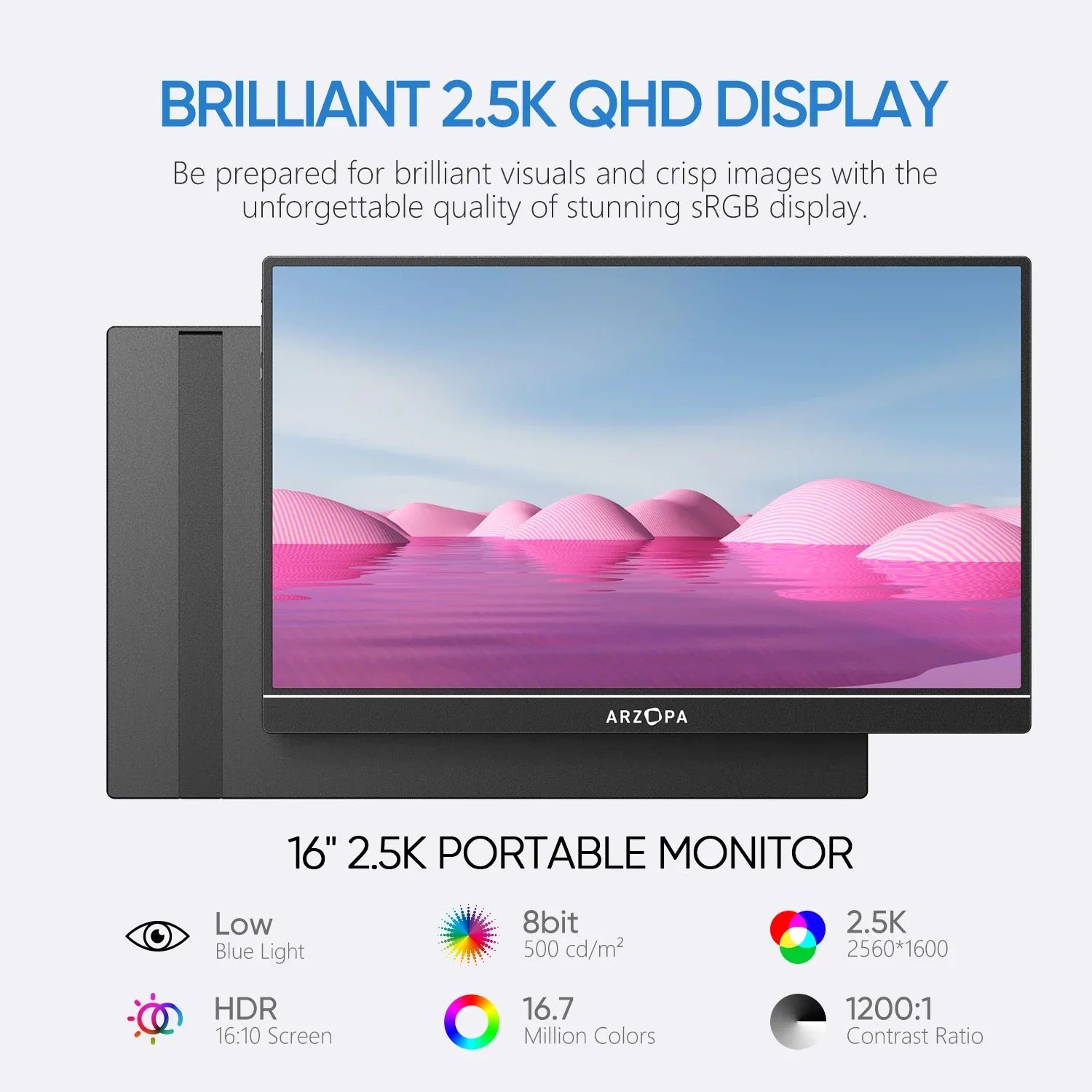 ARZOPA 16inch 2K Portable Monitor 16:10 IPS Screen with type-c mini hdmi Second Display for MAC/Laptop/PC/Xbox/PS4/5/Switch,Z1RC - Evallys.com
