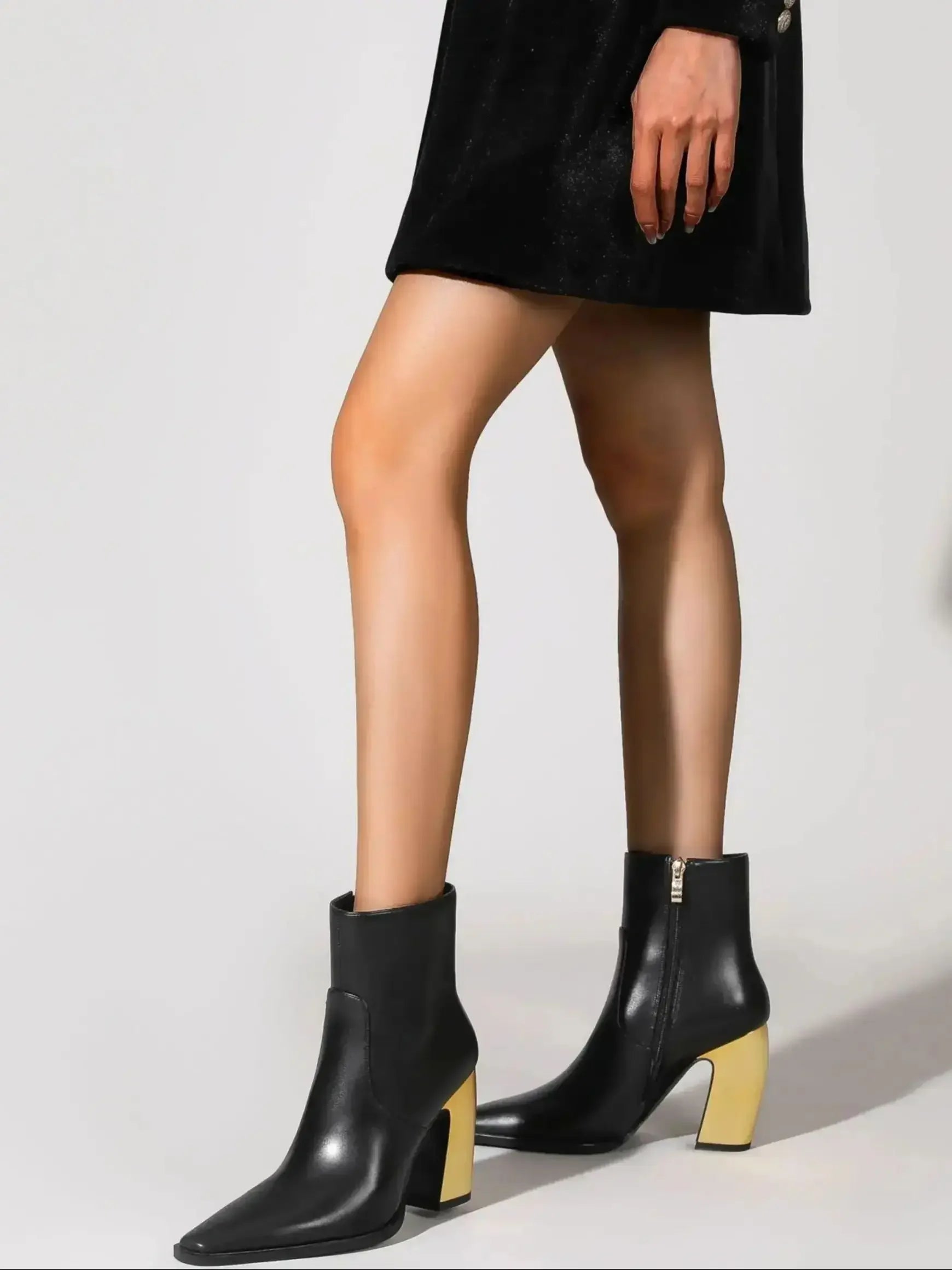 Booties for Women Wide Calf Gold Chunky Heel Elegant Dress Boots - Evallys.com