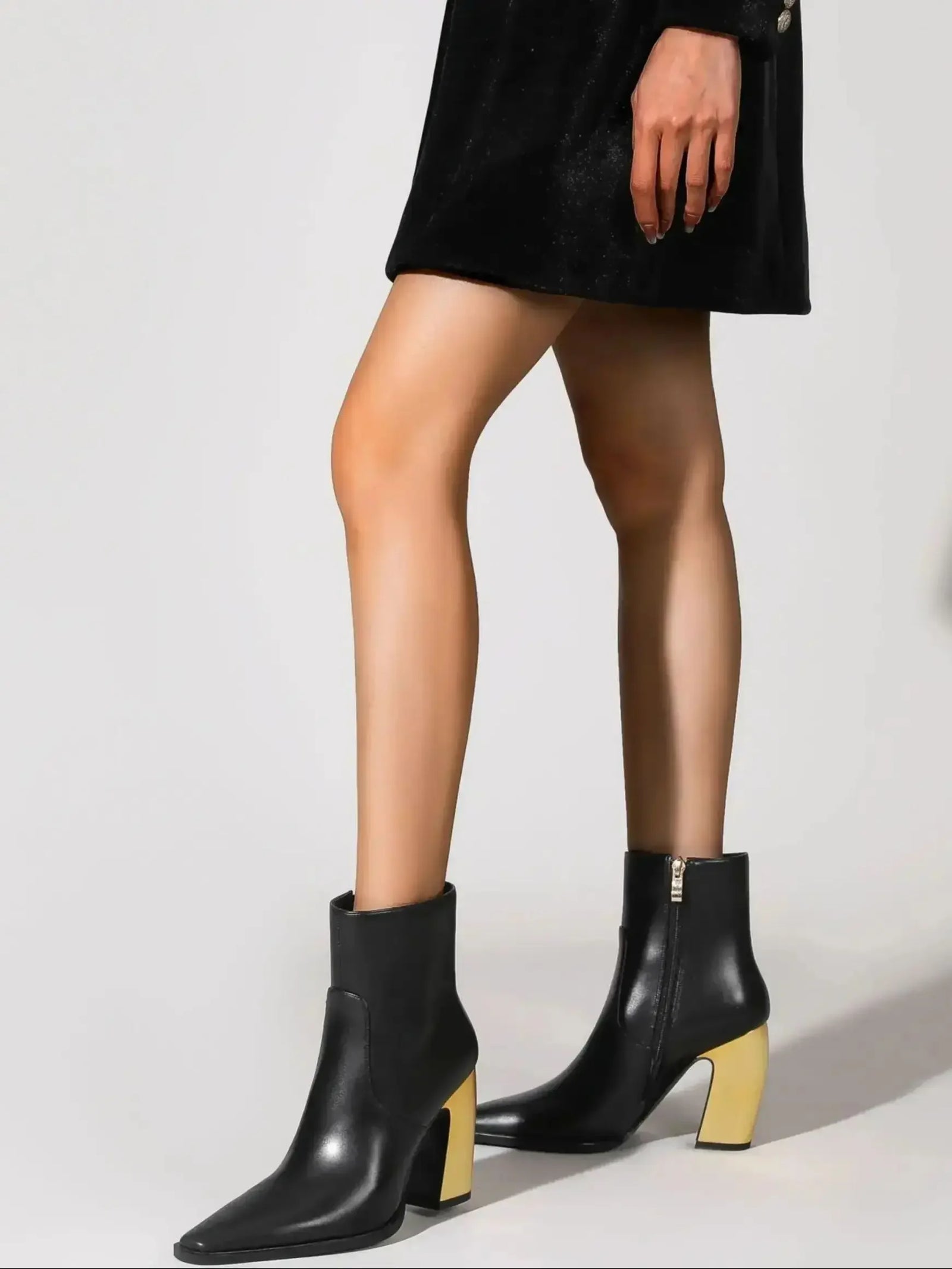 Booties for Women Wide Calf Gold Chunky Heel Elegant Dress Boots - Evallys.com