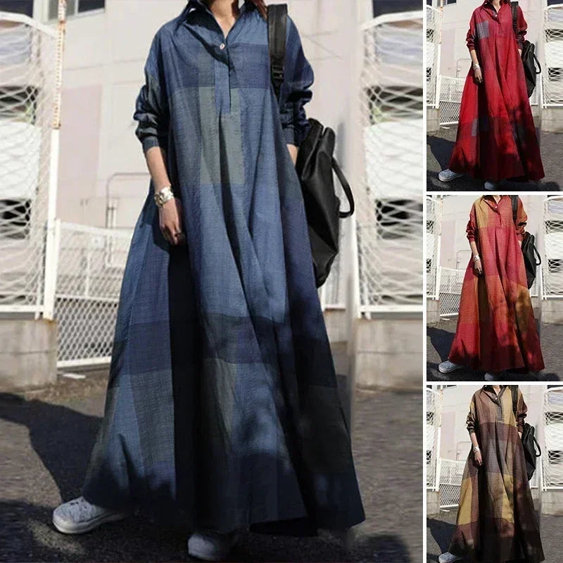 Vintage Cotton Linen Shirt Dress Women’s Autumn Long Maxi Robe - Evallys.com