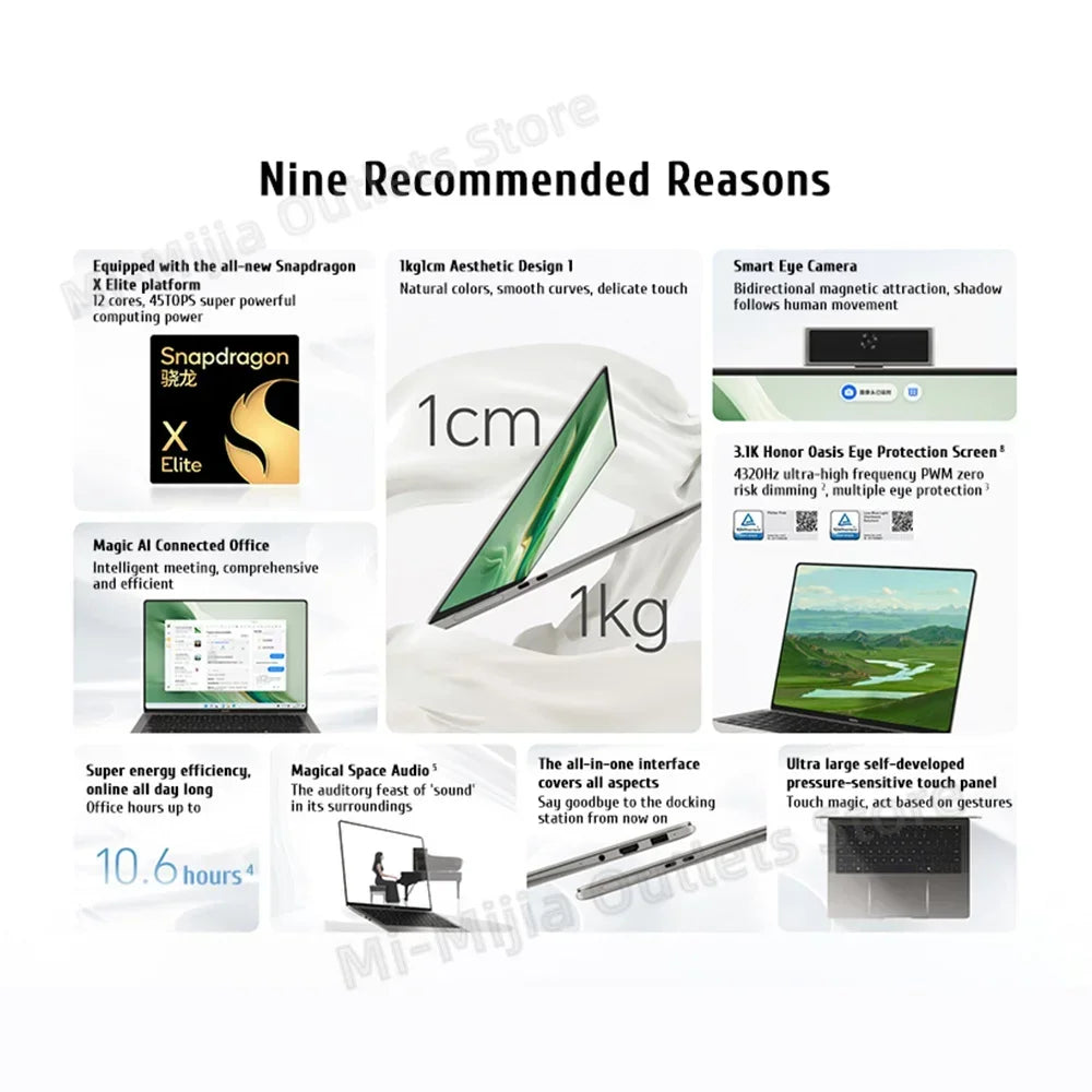 Honor MagicBook Art 14 Snapdragon Edition 1kg Ultra Thin Laptop X Elite 32G 1T 3.1K Eye Screen Notebook - Evallys.com