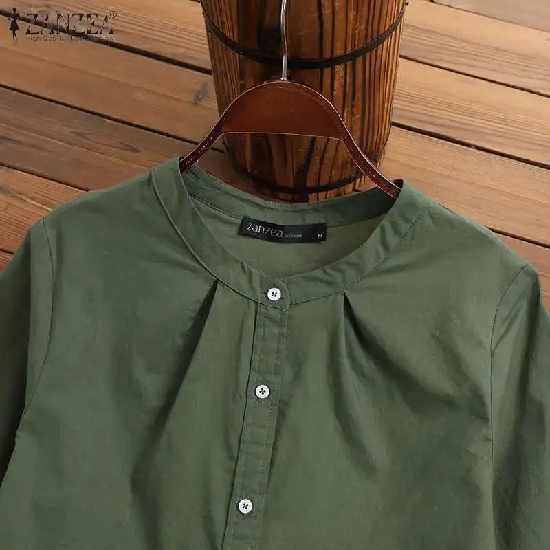 ZANZEA 2025 Spring Summer Blouses Casual Women Shirts Solid Color 3/4 Sleeve Buttons Cotton Linen Blusas Solid Top Casual Tunic - Evallys.com