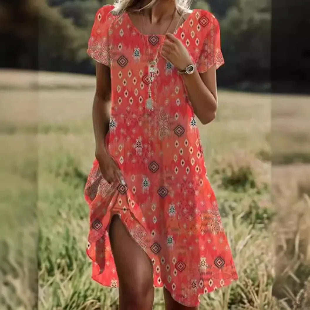 Ethnic Print O-Neck Midi Dress – Summer Casual Beach Vacation Wear - Evallys.com