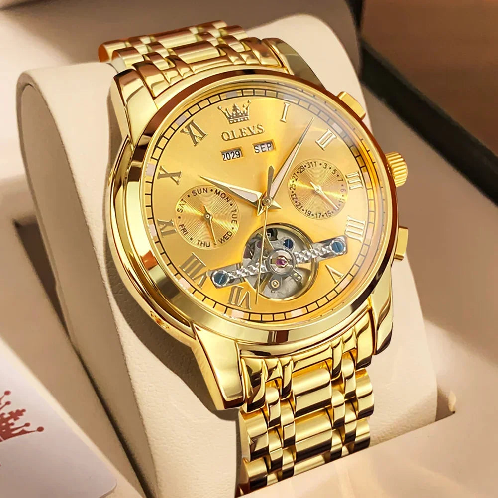 OLEVS Men's Watches Automatic Mechanical Business Wristwatch Waterproof Stainless Steel Strap Watch for Man Skeleton Calendar - Evallys.com