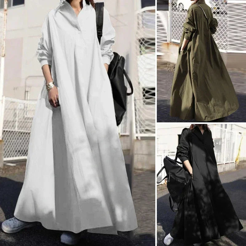 Vintage Cotton Linen Shirt Dress Women’s Autumn Long Maxi Robe - Evallys.com