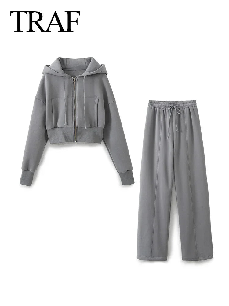 TRAF 2024 Spring Female Casual Hoodies Zipper Coats+Elastic Waist Baggy Pants 2 Pieces Set Elegant Loose Solid Pink Grey Pants - Evallys.com
