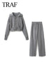 TRAF 2024 Spring Female Casual Hoodies Zipper Coats+Elastic Waist Baggy Pants 2 Pieces Set Elegant Loose Solid Pink Grey Pants - Evallys.com