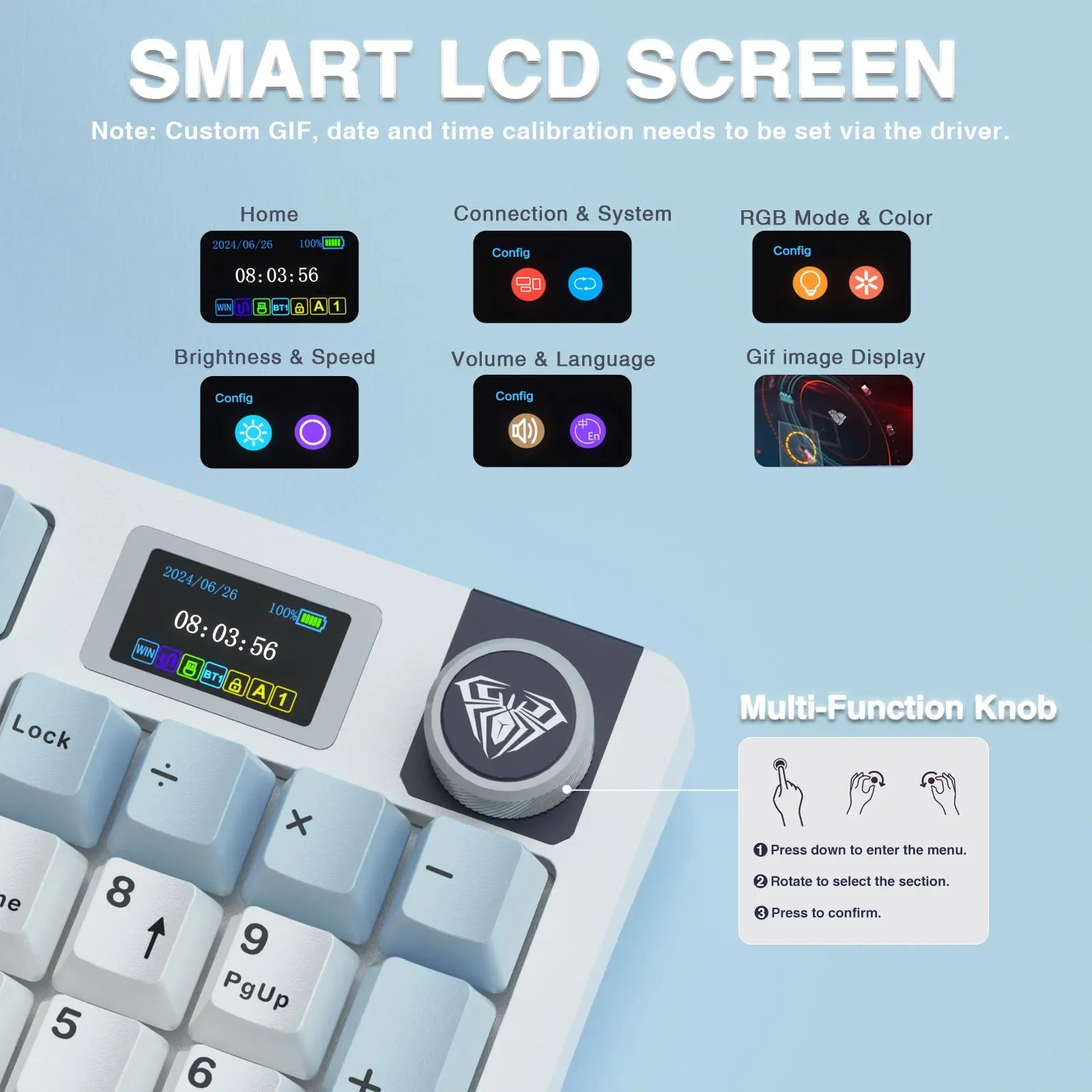 AULA S98pro Wireless Mechanical Keyboard Gasket Hot-swap Gaming Keyboard with Mini TFT Color Screen and Multi-function Knob - Evallys.com