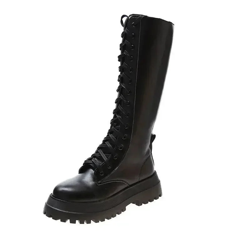 Women Motorcycle Boots Wedges Flat Shoes Woman High Heel Platform PU Leather Boots Lace Up Women Shoes Black Boots Girls2021 - Evallys.com