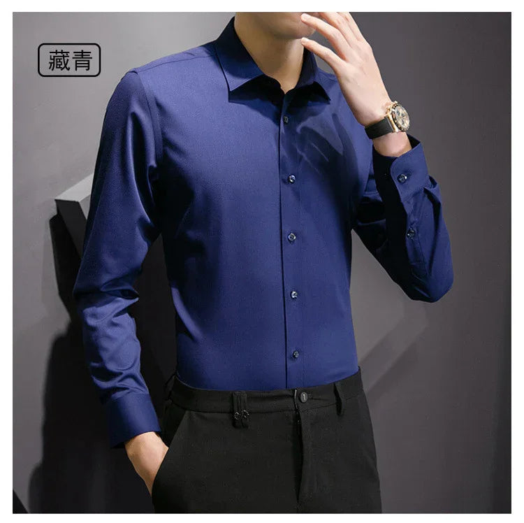 New Plus Size Men Solid Color Business Shirt Fashion Classic Basic Casual Slim White Long Sleeve Shirt Brand Clothes - Evallys.com
