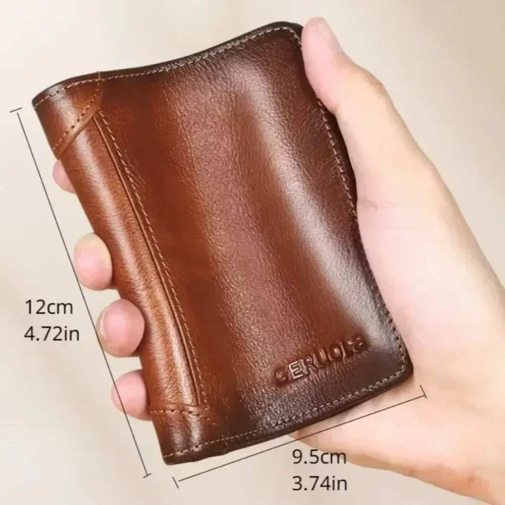 Men Wallet Genuine Leather Rfid Blocking Trifold Wallet Vintage Thin Short Multi Function ID Credit Card Holder Male Purse Money - Evallys.com