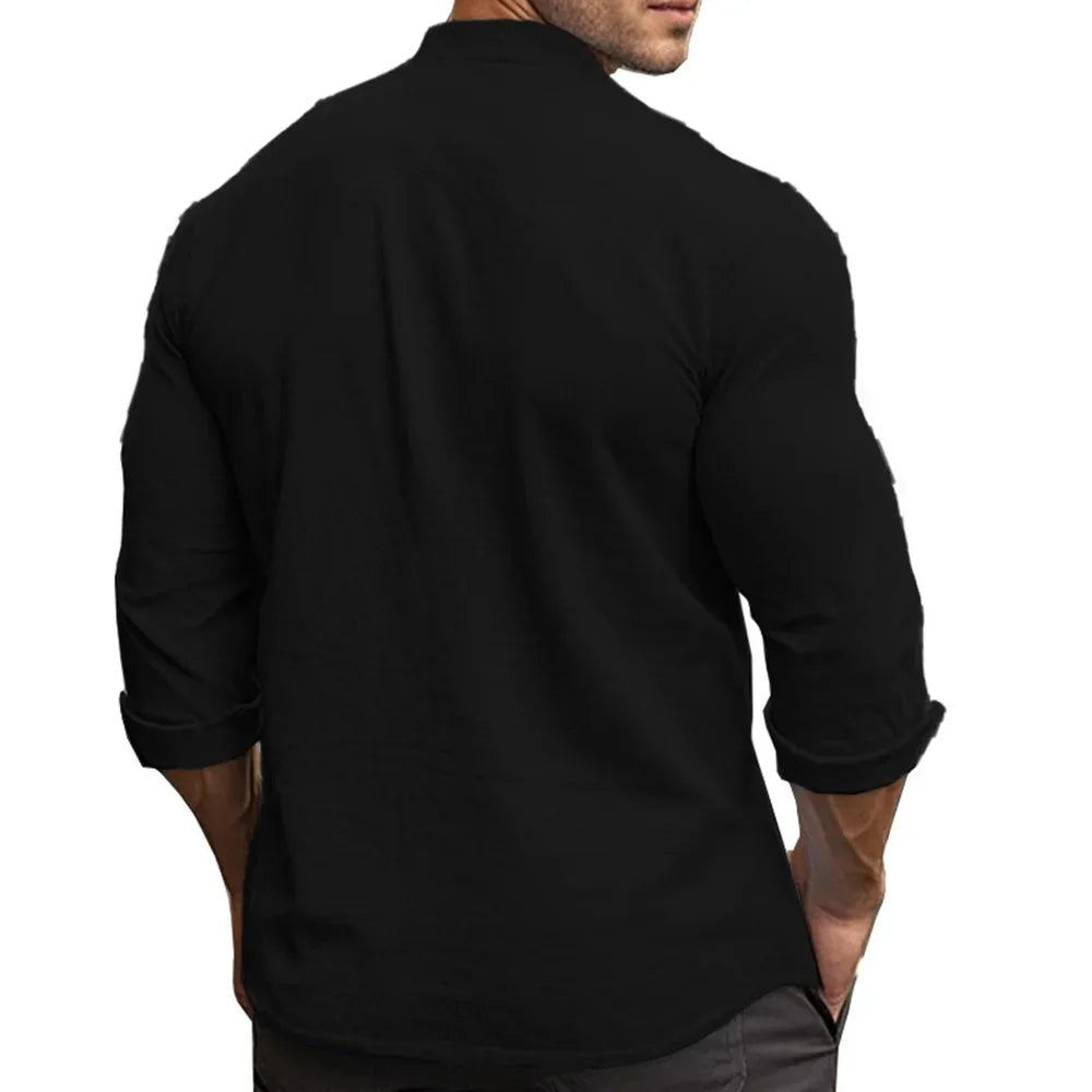 Men's Henry Shirts Cotton Linen Slim Fit Causal Hawaiian Solid Color Basic Style Spring Summer Breathable Men Clothing - Evallys.com