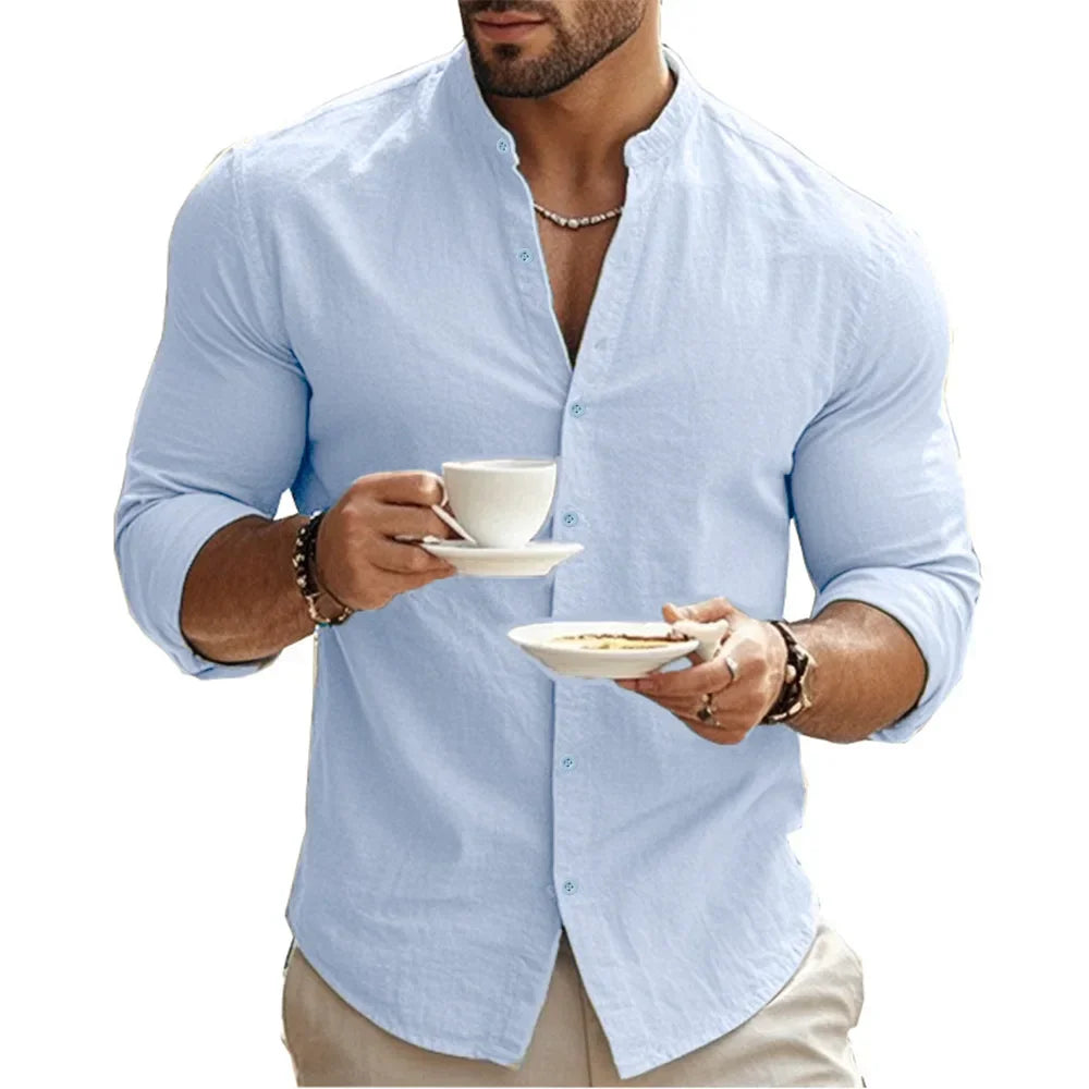 Men's Henry Shirts Cotton Linen Slim Fit Causal Hawaiian Solid Color Basic Style Spring Summer Breathable Men Clothing - Evallys.com
