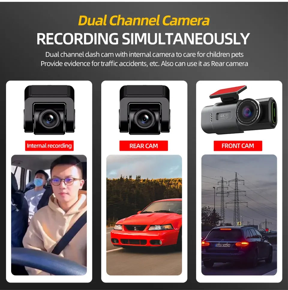 Dash Cam Dual Lens 4K UHD Recording Car Camera DVR Night Vision Video Recorder Built-In Wi-Fi Support GPS 24H Parking - Evallys.com