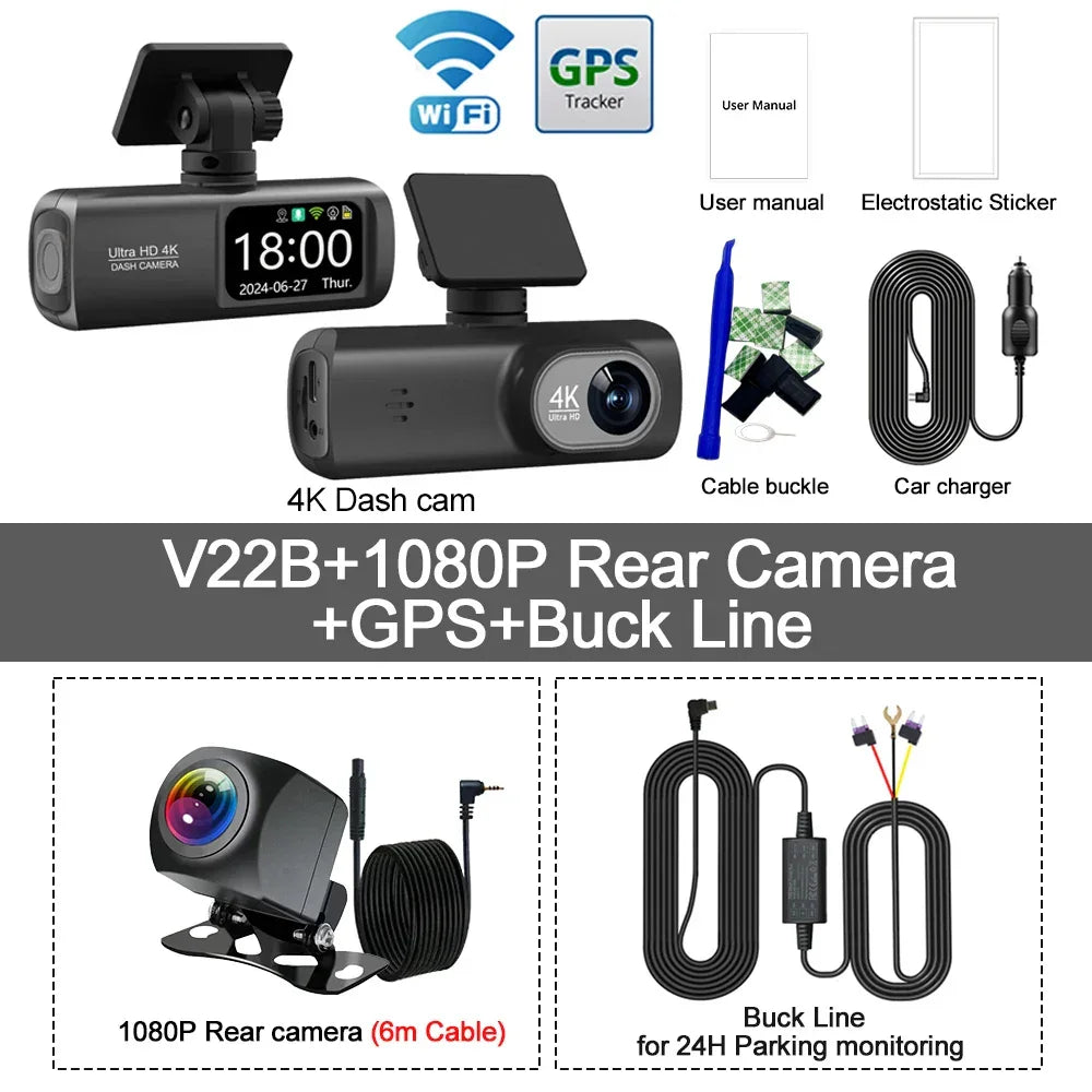 UHD 4K Dash Cam Dual Lens Driving Recorder Car DVR 1080P Rear Lens Camera Built-In WiFi GPS 24-Hour Parking Monitoring Black Box - Evallys.com