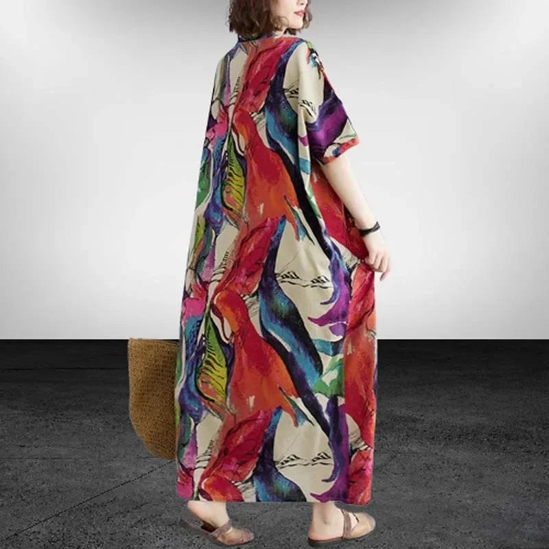 Oversized Cotton Linen Floral Maxi Dress – Vintage Boho Summer Wear - Evallys.com