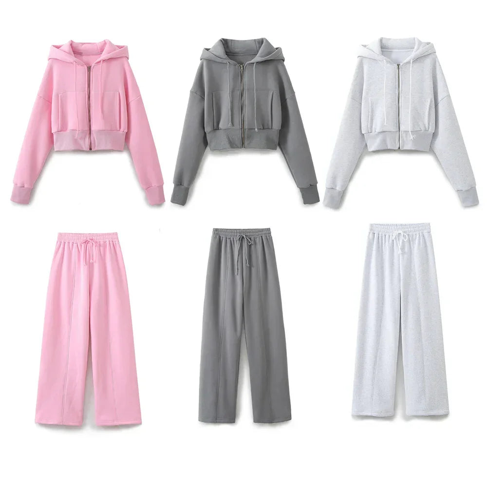 TRAF 2024 Spring Female Casual Hoodies Zipper Coats+Elastic Waist Baggy Pants 2 Pieces Set Elegant Loose Solid Pink Grey Pants - Evallys.com