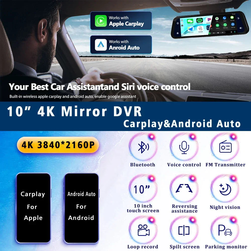 10" Dash Cam 4K 3840*2160P Car Dvr Carplay Android Auto GPS 5G WIFI AUX Stream RearView Mirror Dashcam Camera Drive Recorder FM - Evallys.com