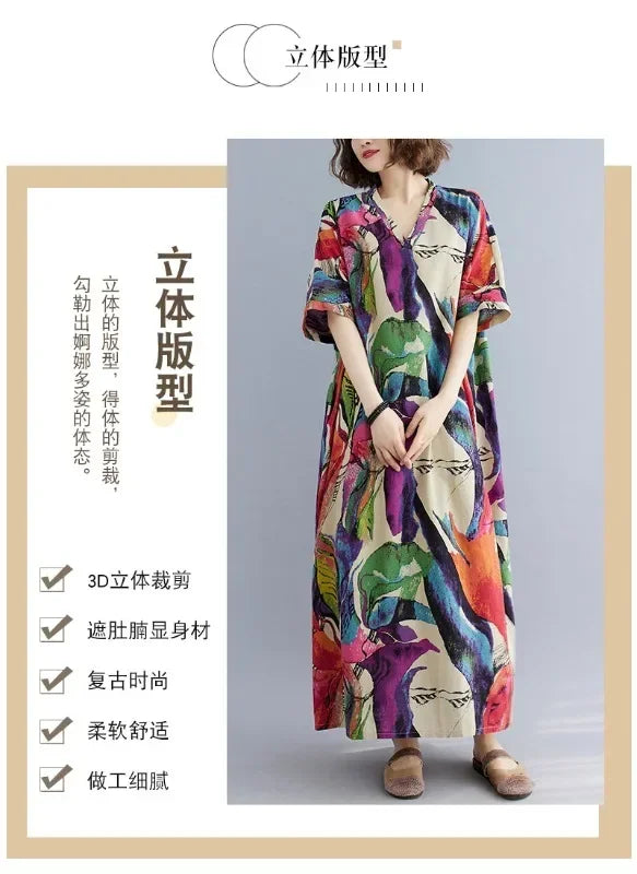Vintage Cotton Summer Maxi Dress – Harajuku Floral Beachwear - Evallys.com