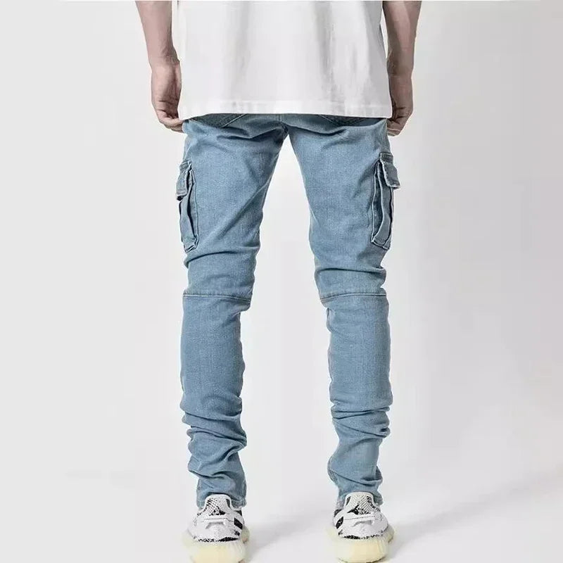 Men Street Elastic Denim Jeans Wash Solid Color Multi Pockets Cargo Pants Casual Slim Fit Daily Wear Joggers Mid Waist Trousers - Evallys.com