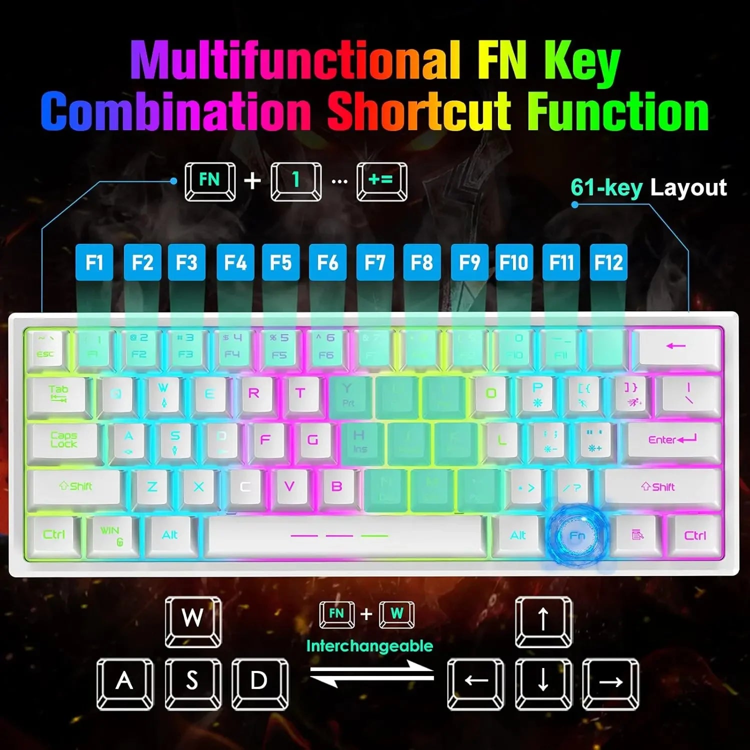 T61 Wireless Gaming Keyboard and Mouse Combo, Ergonomic 61 Key Rainbow LED Backlight Rechargeable 4000mAh Battery Mouse Pad - Evallys.com