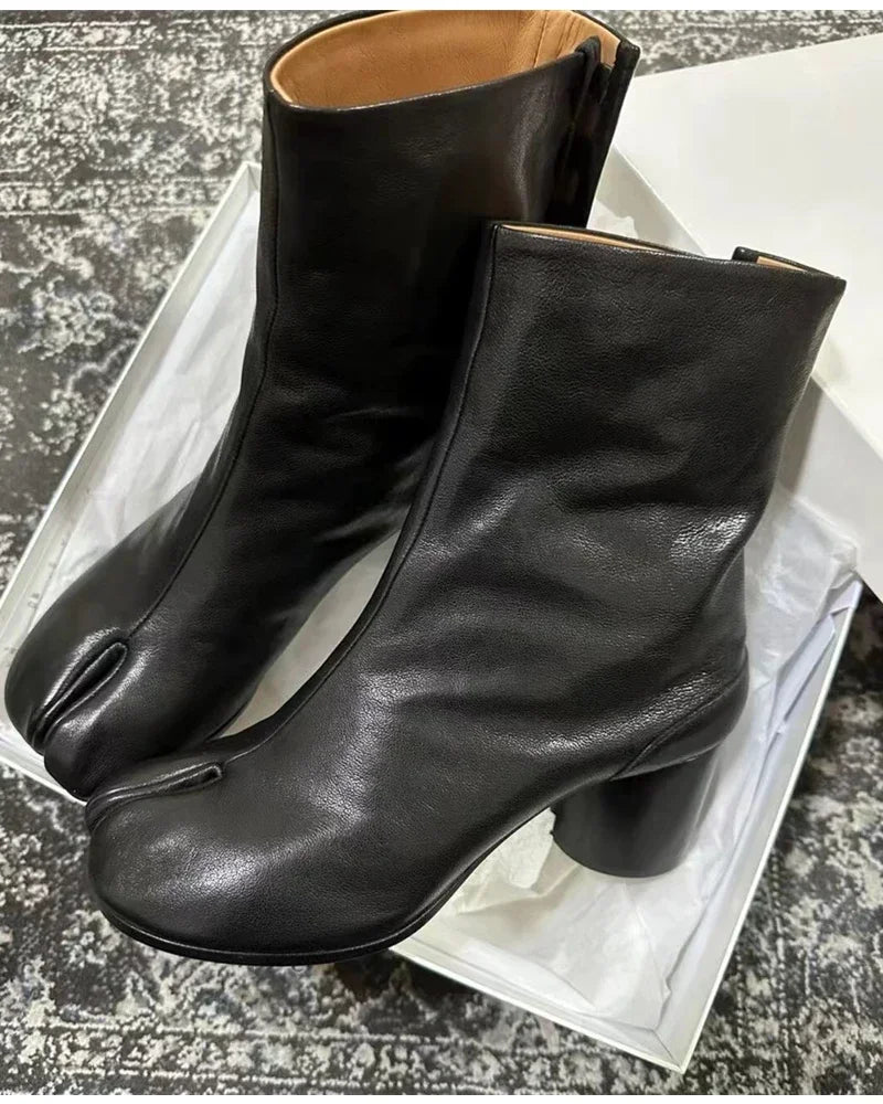 2024 Autumn Winter Soft Leather Split toe Tabi Women Ankle Boots Fashion Thick High heels Chunky Shoes Ins Style Short Booties - Evallys.com