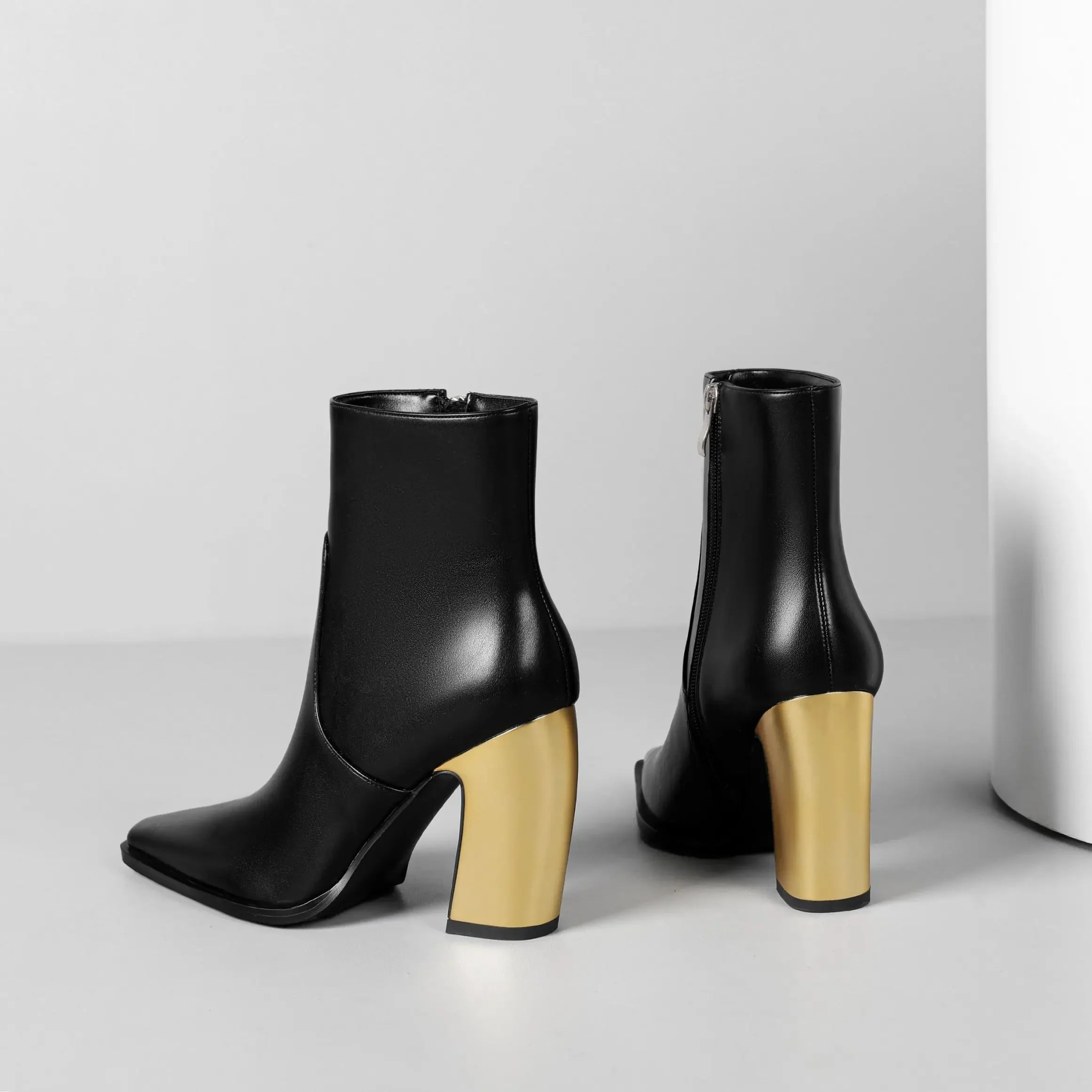 Booties for Women Wide Calf Gold Chunky Heel Elegant Dress Boots - Evallys.com