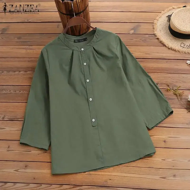 ZANZEA 2025 Spring Summer Blouses Casual Women Shirts Solid Color 3/4 Sleeve Buttons Cotton Linen Blusas Solid Top Casual Tunic - Evallys.com